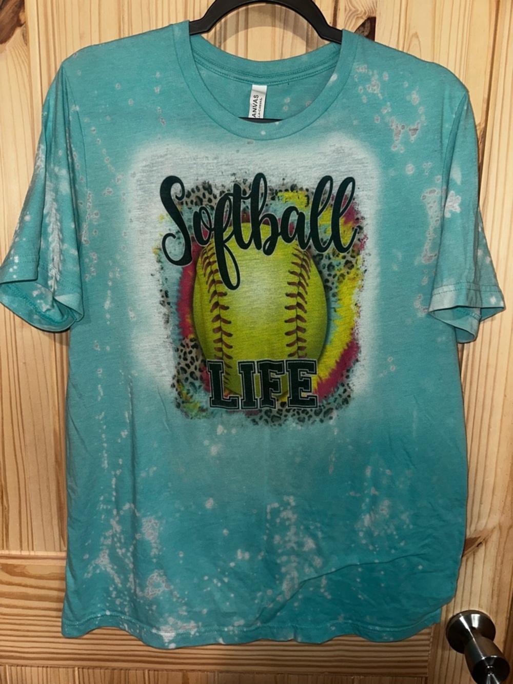 Bella Canvas Teal Tie-Dye 'Softball Life' Short Sleeve Tee with Yellow Graphic